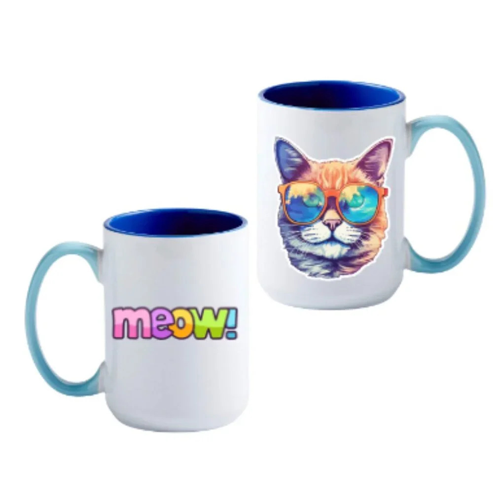 Colorful Cat Mug with "Meow" – 15oz Ceramic